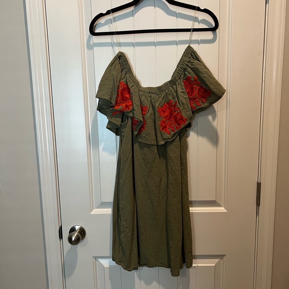 Olive Green Off Shoulder Dress with Embroidered Flowers